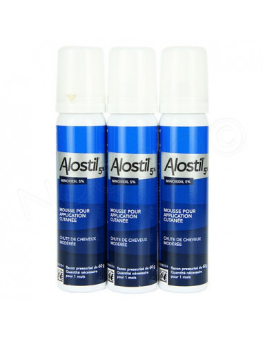 Alostil Minoxidil 5 pour cent Mousse Chute Cheveux Modérée Homme. 3x60g