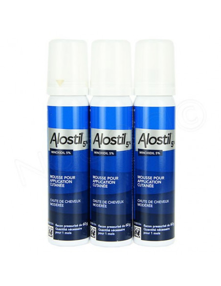 Alostil Minoxidil 5 pour cent Mousse Chute Cheveux Modérée Homme. 3x60g